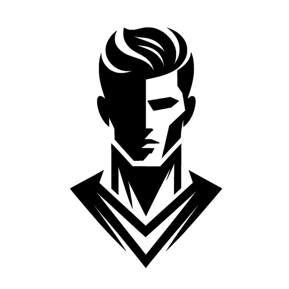 Geometric Black White Portrait of a Man Featuring Bold Contrast and Stylish Hair, on a White Background. vector