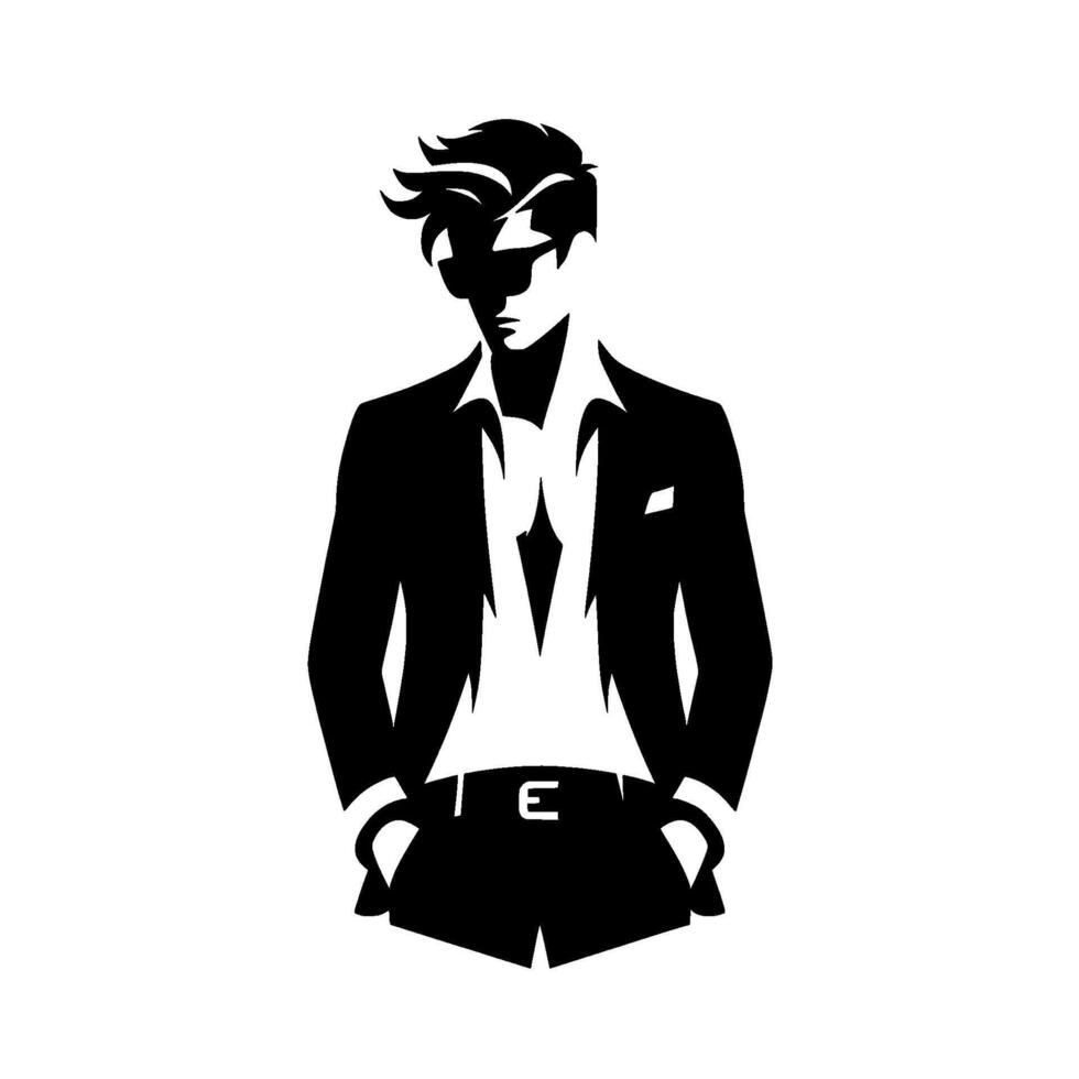 A stylized black and white silhouette of a man in a suit, hair swept back, hands in pockets, exuding cool confidence. vector