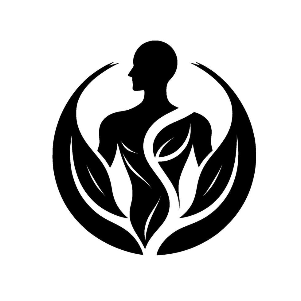 Silhouette of a Human Figure Emerging from and Intertwined with Organic Leaf Structures within a Circular Composition, Symbolizing Growth and Harmony. vector