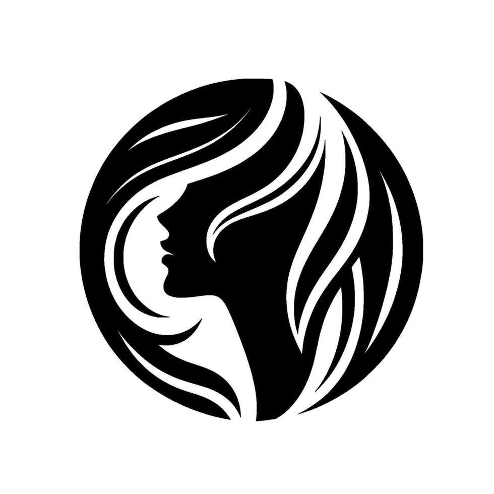 Elegant Silhouette A graceful female profile, encased in a circular frame with flowing hair, rendered in a bold, black and white . vector
