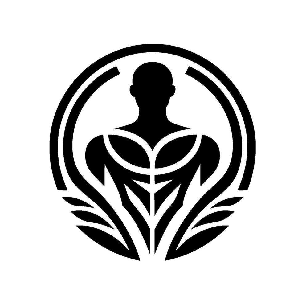 Silhouette of a Persons Upper Body Enclosed in a Circle with Abstract Leaflike Elements, Symbolizing Strength, Health, and Unity. vector