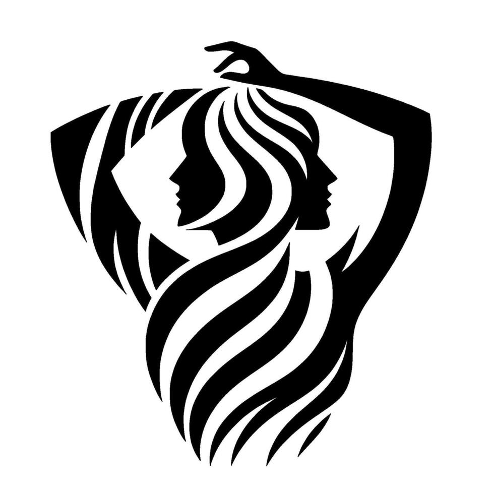 Dynamic Black and White Silhouette Intertwined Female Forms with Flowing Hair, Arms Raised. vector