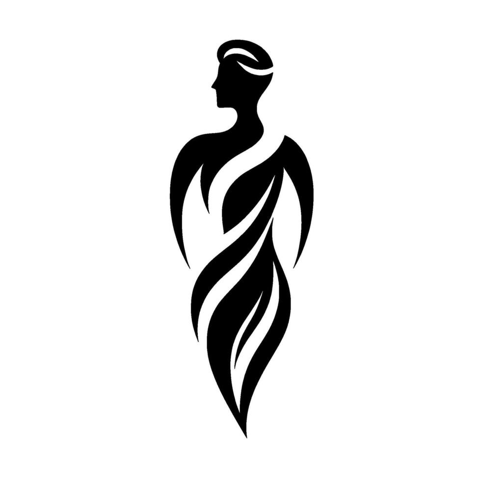 Minimalist Black and White Silhouette of a Graceful Woman with Flowing, Abstract Forms Resembling Flames or Fabric. vector