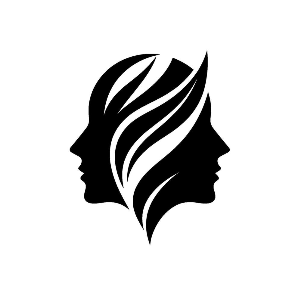 Silhouette of Two Human Faces Facing Opposite Directions, Connected by Flowing Lines, Symbolic in Monochrome. vector