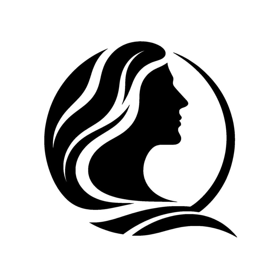 Elegant black and white silhouette of a womans profile within a stylized circular frame, showcasing flowing hair. vector