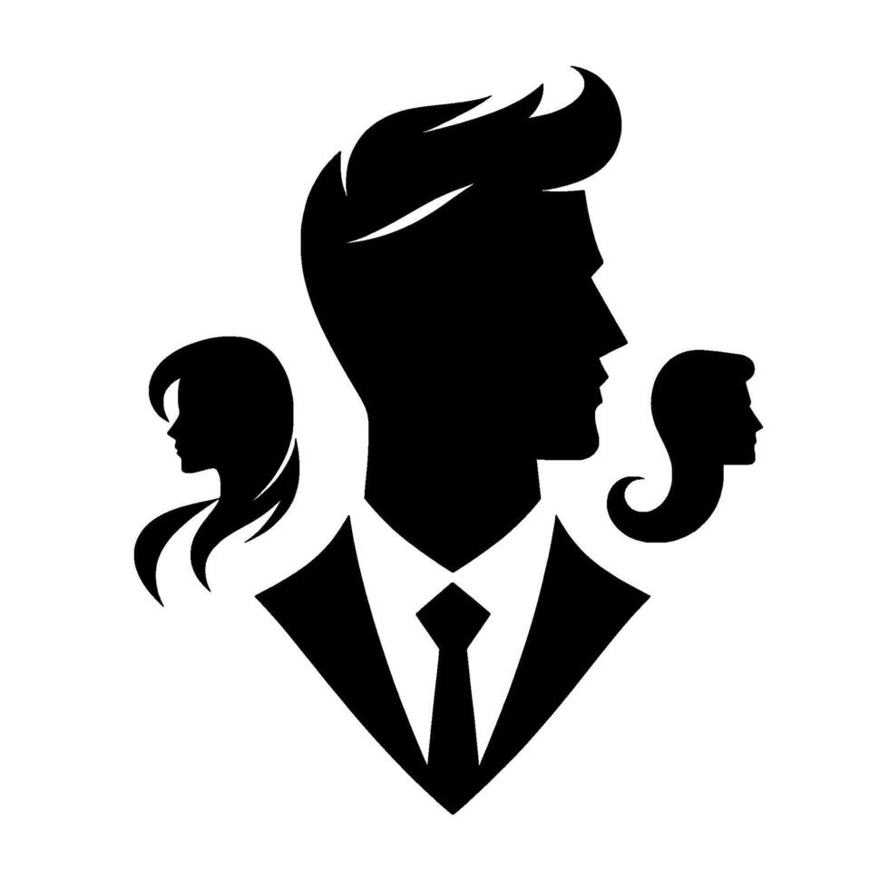 Silhouette of a Man in a Suit with two Women, Depicting Teamwork, Partnership, or Social Dynamics. vector