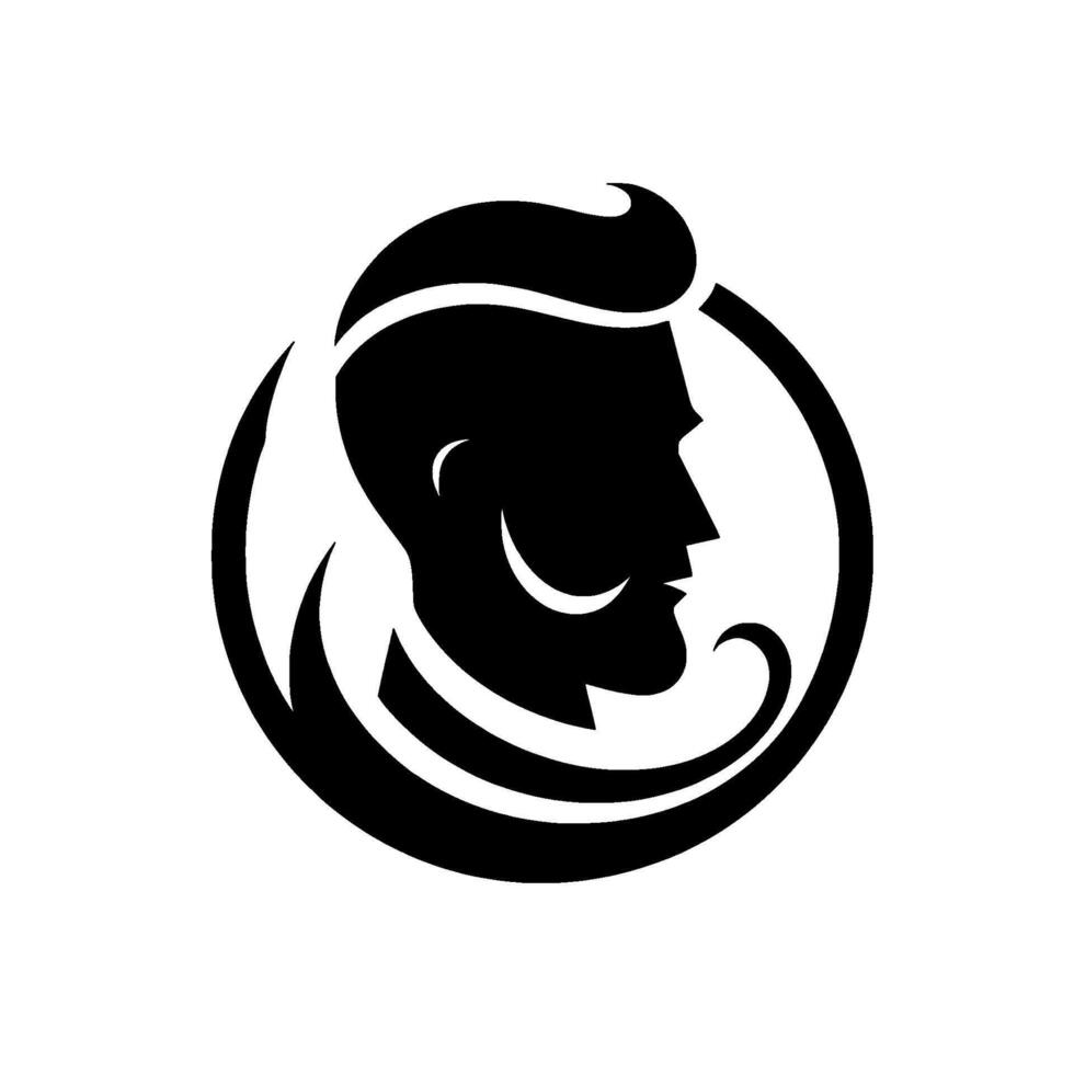 Stylized Black and White Barber Shop Silhouette of a Man with Modern Haircut and Elegant Moustache within a Circle vector