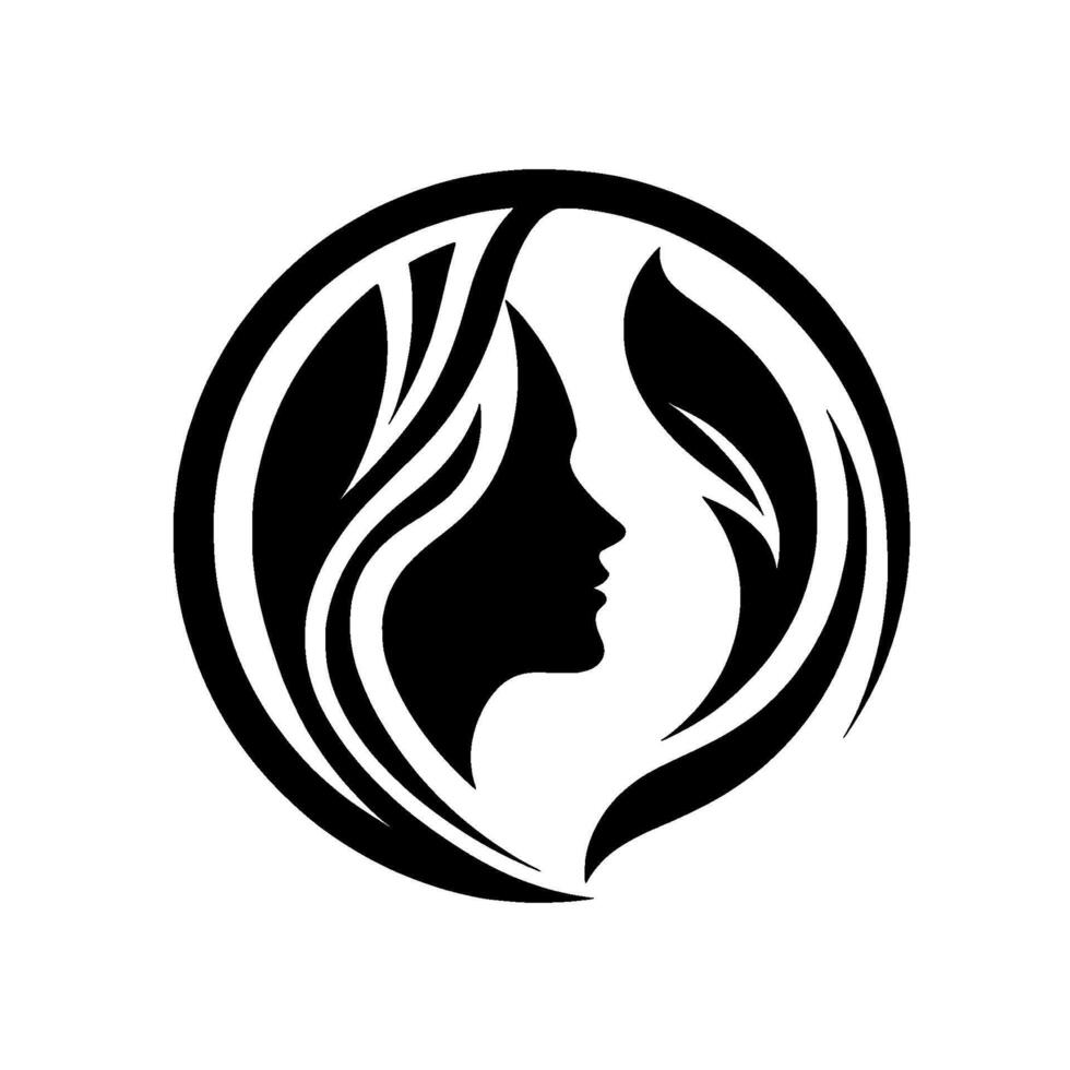 Elegant black and white womans profile within a circle, blending leaves and hair, representing beauty and nature. vector