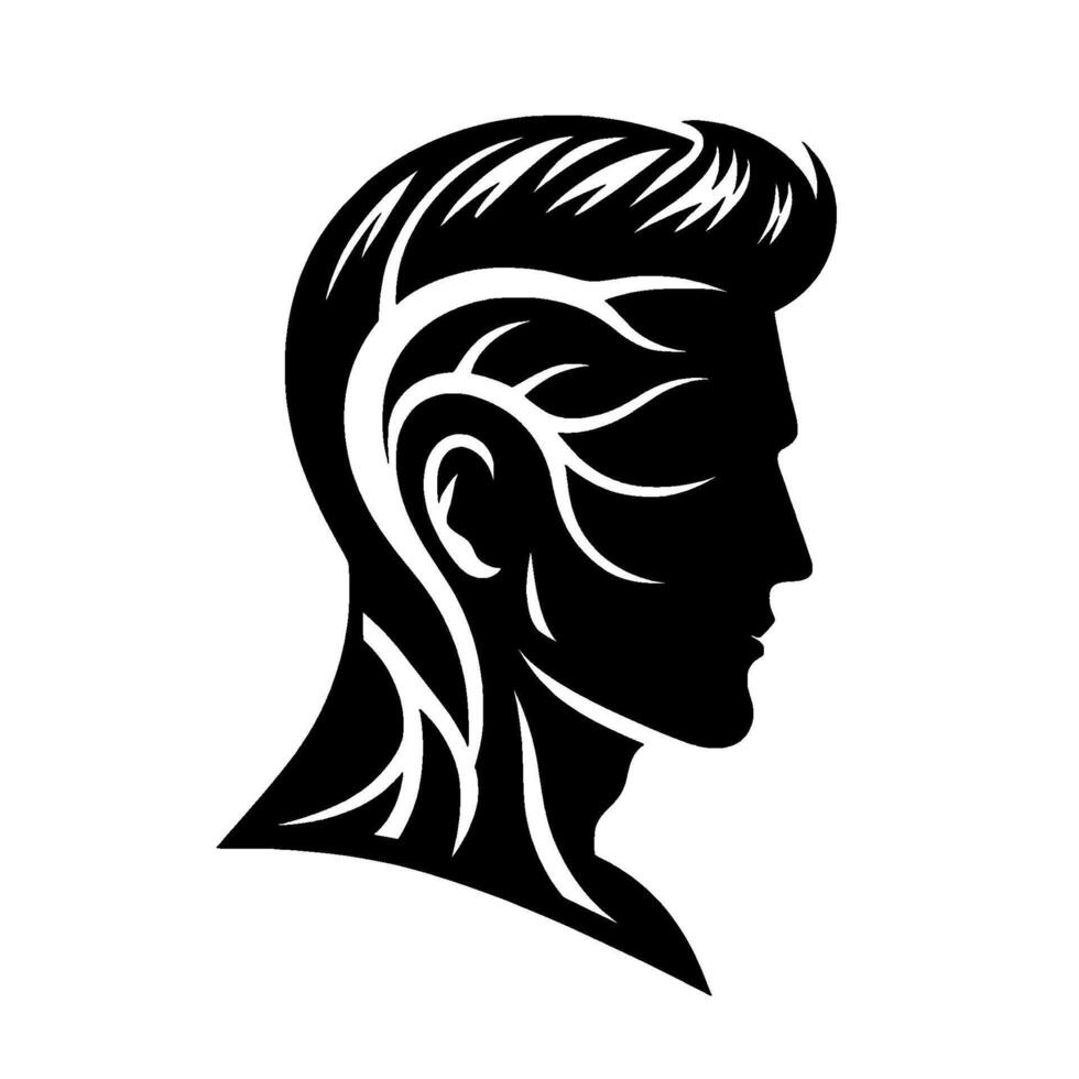 Art Portrait of a Man with a Pompadour Haircut, Featuring Organic, BranchLike, White Accent Lines, on Black Silhouetted Head. vector