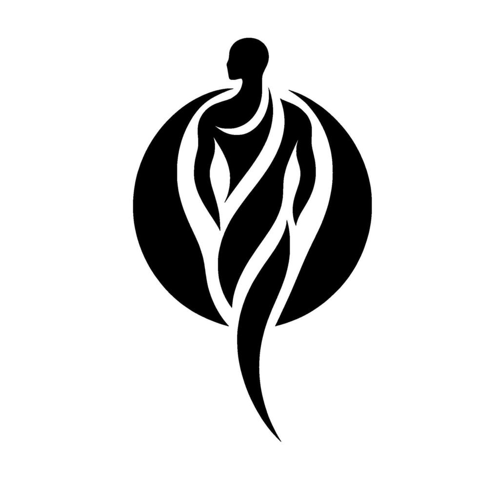 A minimalist silhouette of a human figure intertwined with flowing lines, framed by a textured black circle, evoking elegance and motion on a white backdrop. vector
