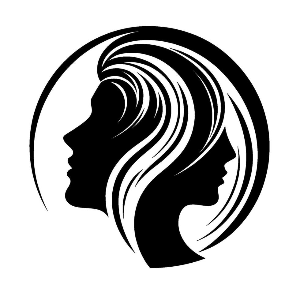 A minimalist black and white silhouette, two female faces, intertwined with flowing hair, set within a circle. vector