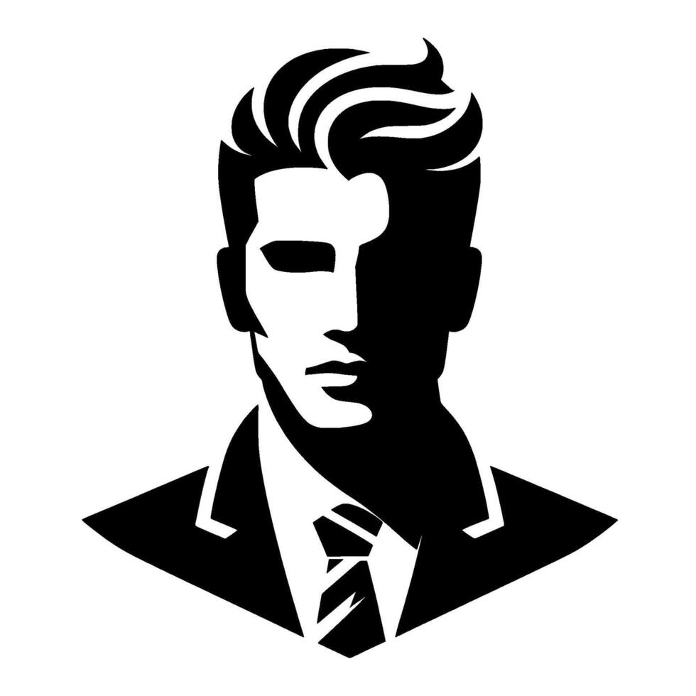 A stylized, blackandwhite illustration of a dapper man in a suit, with a highcontrast aesthetic, highlighting his features and hairstyle. vector
