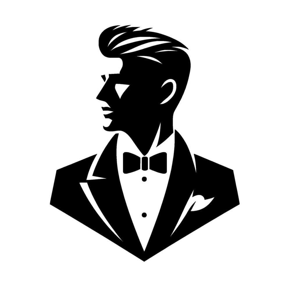 Elegant Silhouette A stylized black and white of a man in a tuxedo, featuring a profile view, sleek hairstyle, bow tie, and pocket square against a clean white background. vector