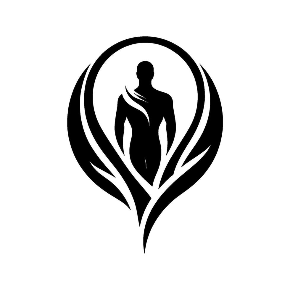 Silhouetted human figure within a stylized leaflike emblem, portraying a sense of growth, strength, and a connection with nature, all presented against a clean white backdrop. vector