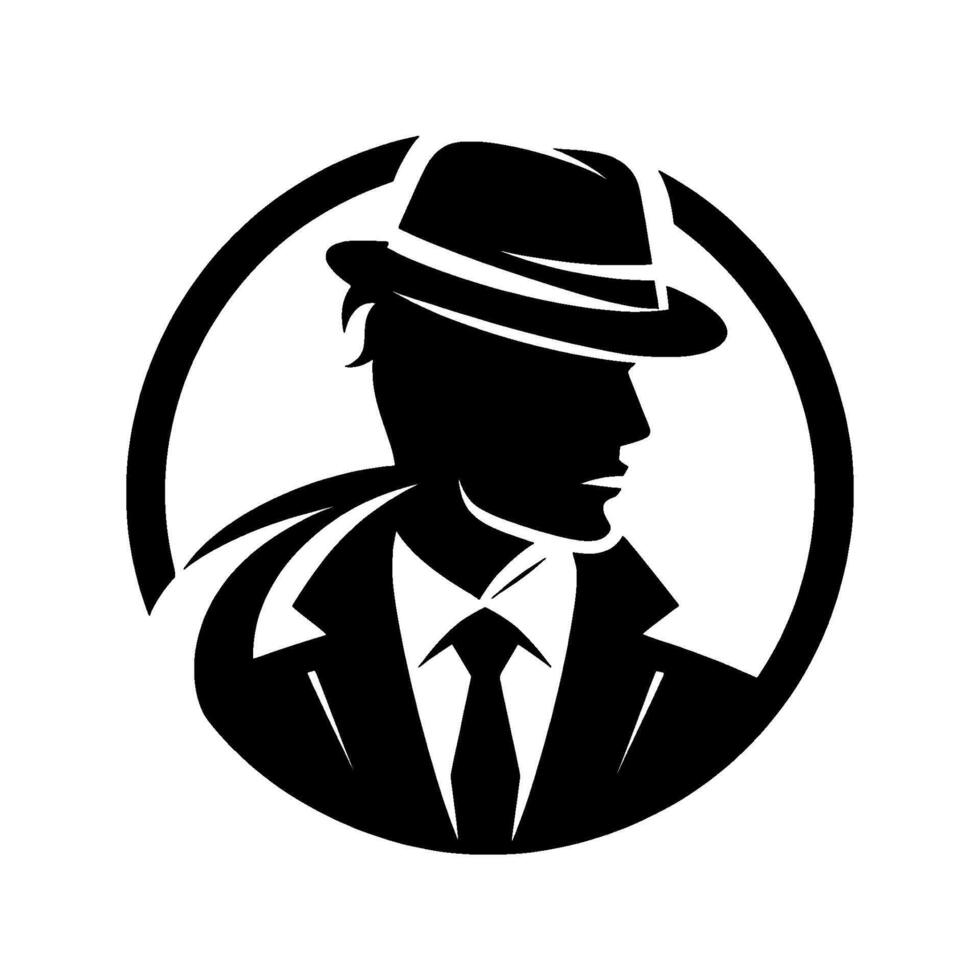 Noirstyle silhouette of a man in a fedora, coat and tie, within a circular frame, minimalist , side profile view. vector