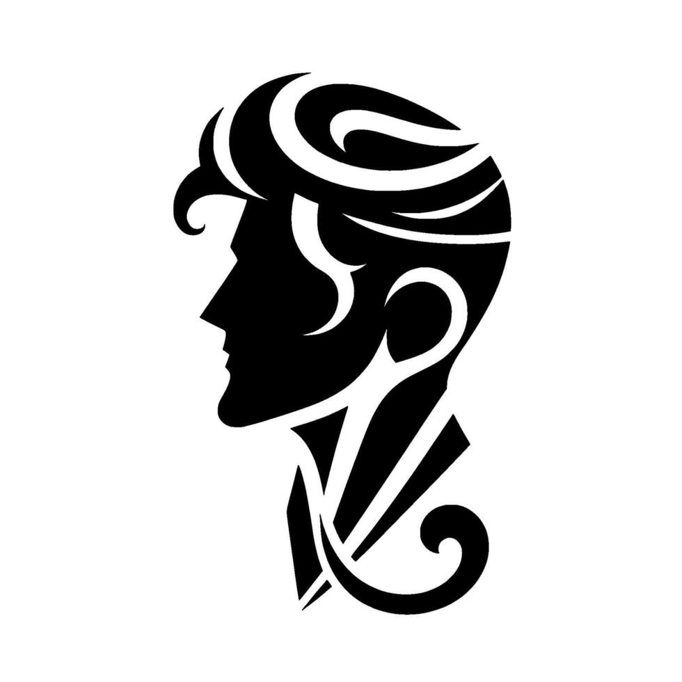 Silhouette of a man with stylized hair and collar, in stark black and white, conveying a sense of elegance and . vector