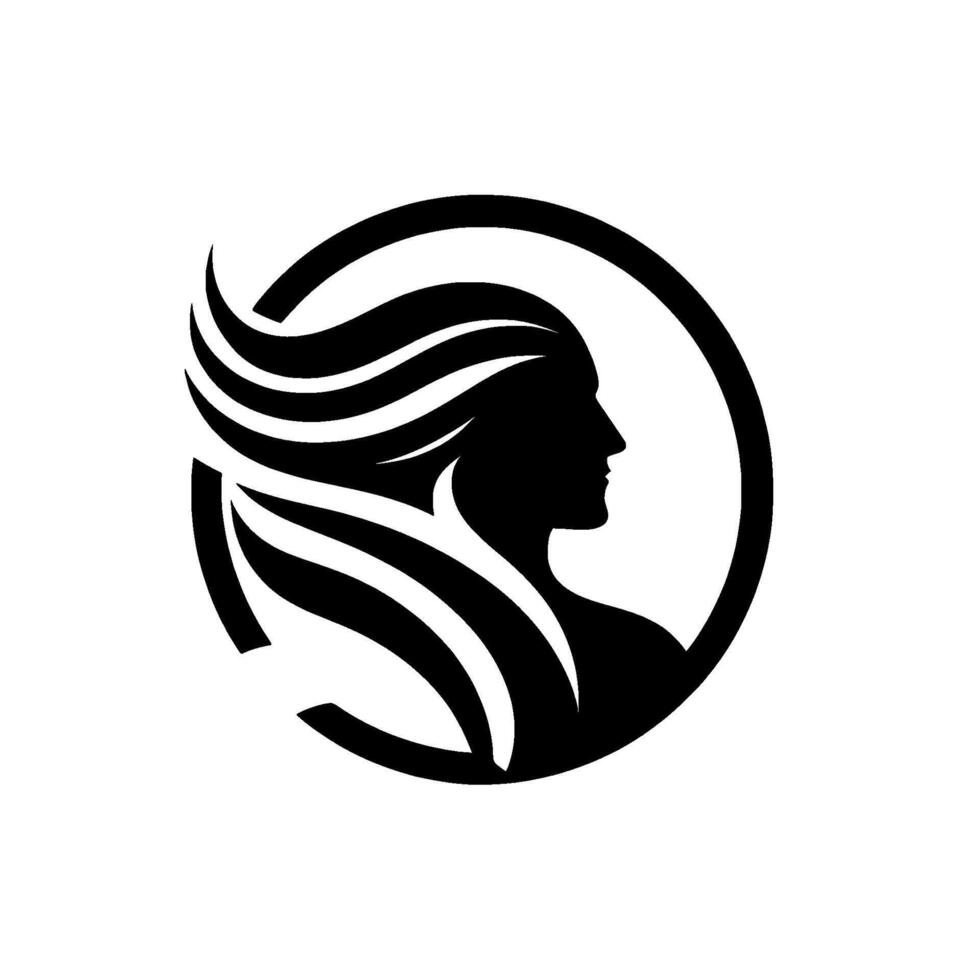 A minimalist black and white featuring the silhouette of a woman with flowing hair, encircled by a bold, black circular frame. vector