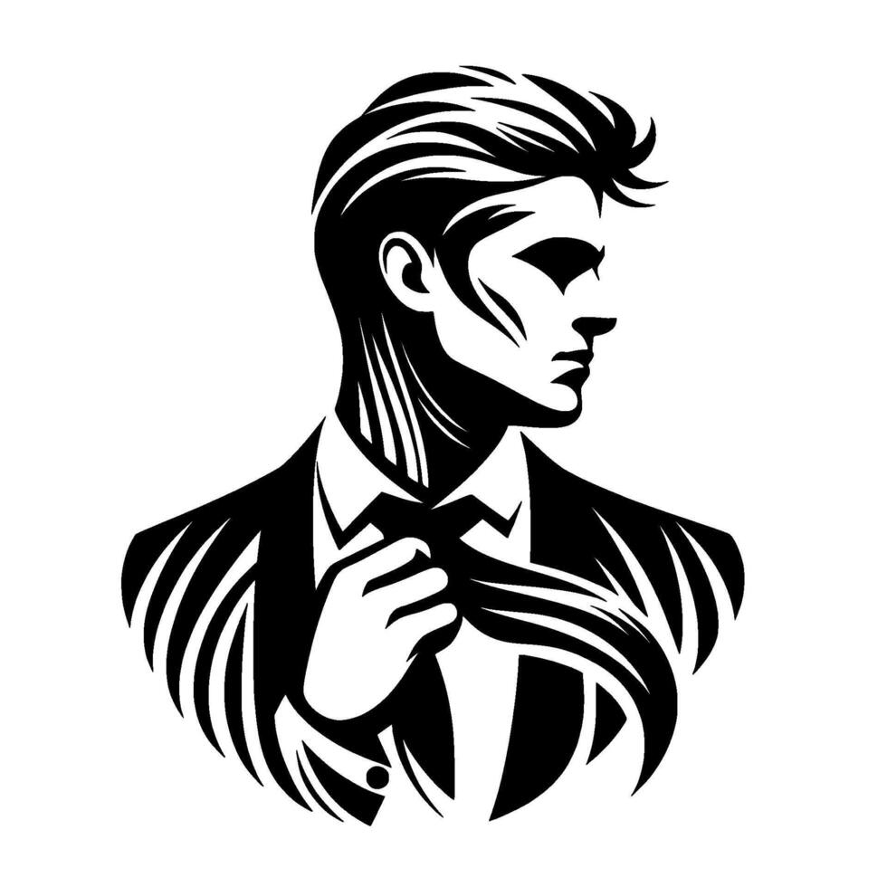 Stylish Monochrome Illustration of a Suave Man in a Suit, Adjusting His Tie, Side Profile, Confident Pose, Modern . vector