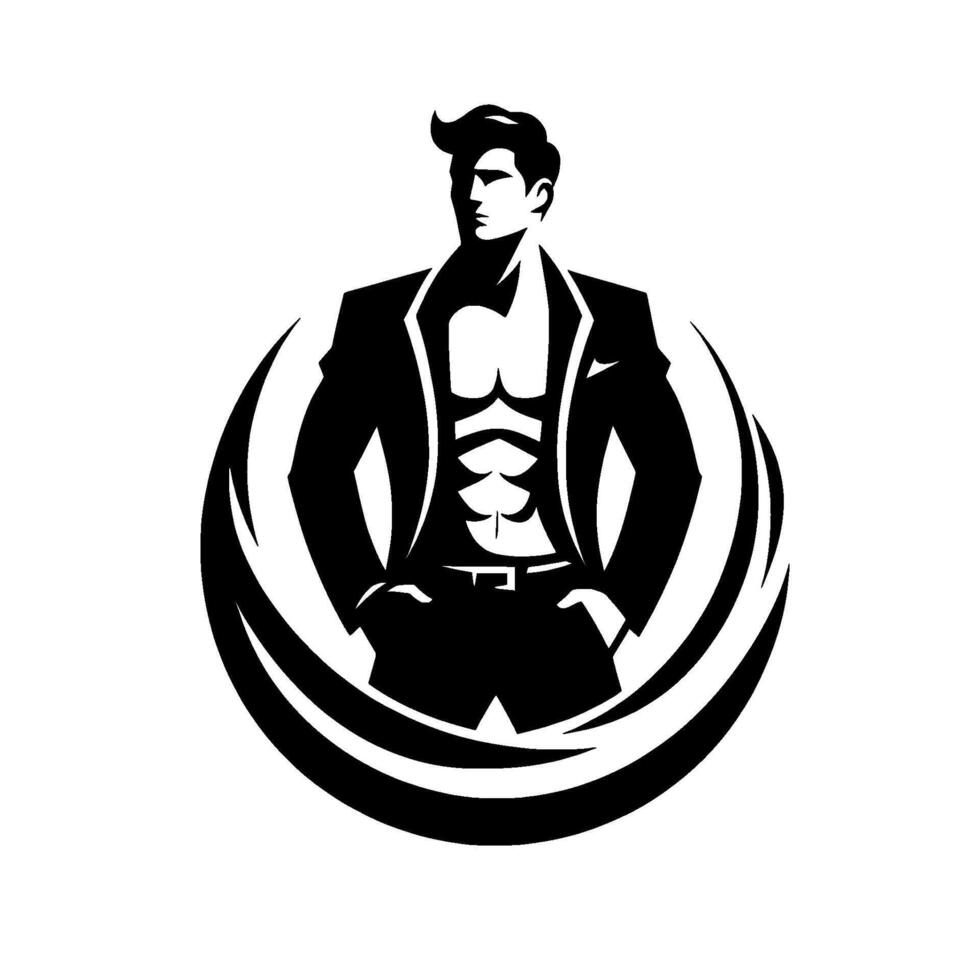 Strong, confident man in a suit, stylized black and white, within an abstract halo, arms in pockets, looking away. vector