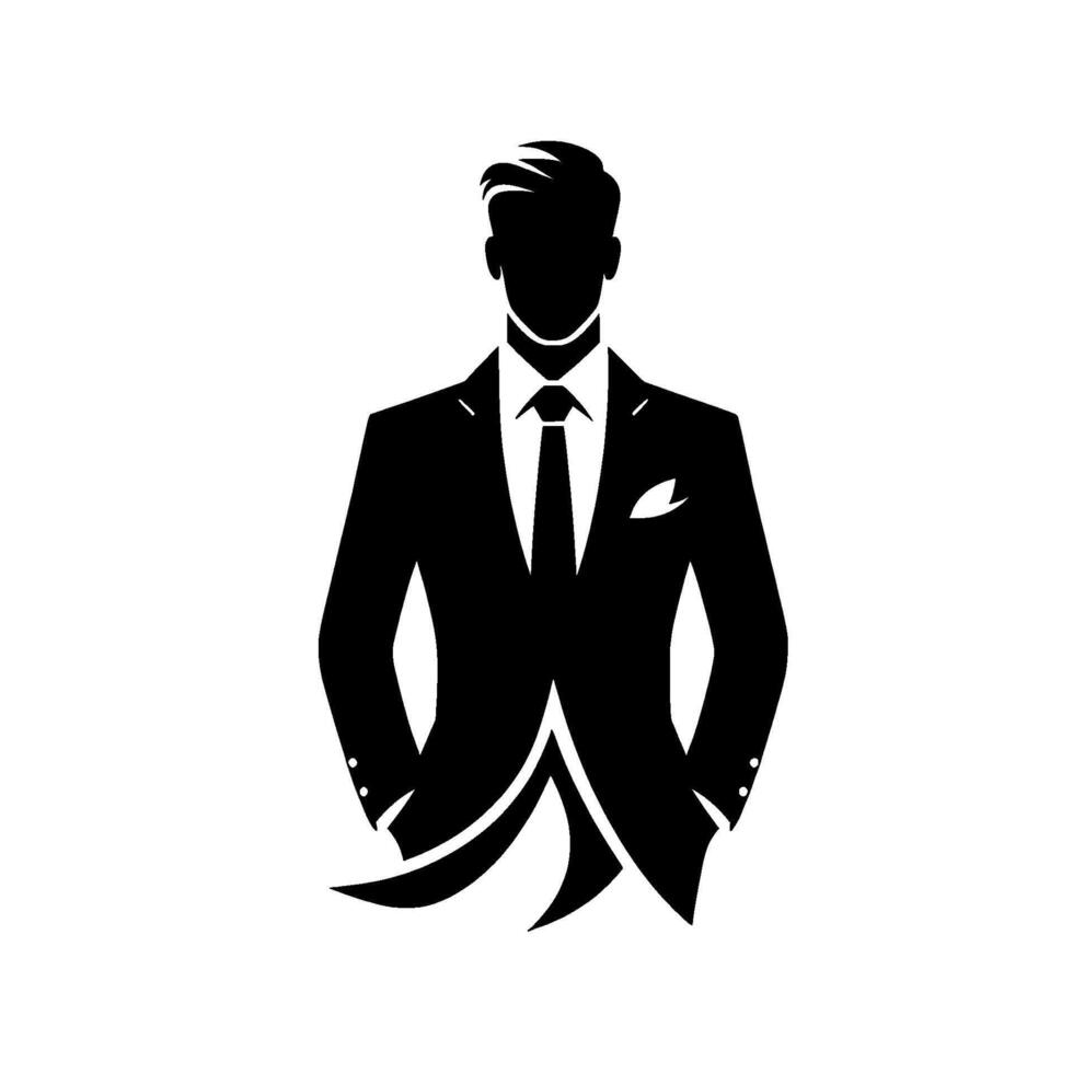 Silhouetted BlackandWhite Illustration of a Suave Business Professional in a Tailored Suit, Tie, and Pocket Square, exuding confidence. vector
