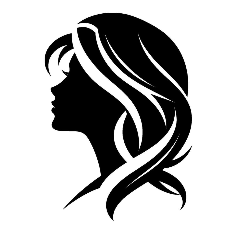 Elegant Silhouette of a Womans Profile with Flowing Hair, Black and White , Minimalist Art, Beauty and Style. vector