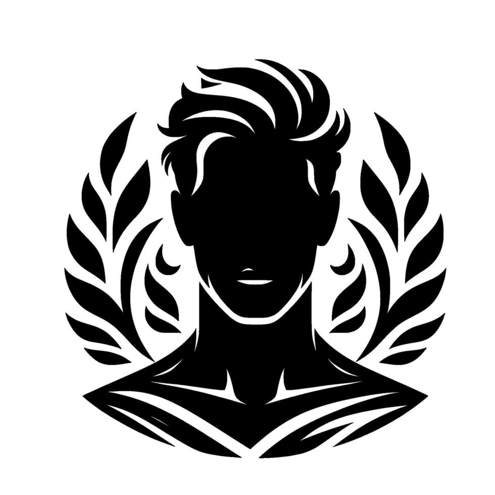 A stylized black and white illustration of a mans silhouette framed by laurel wreaths, exuding classic elegance and strength. vector