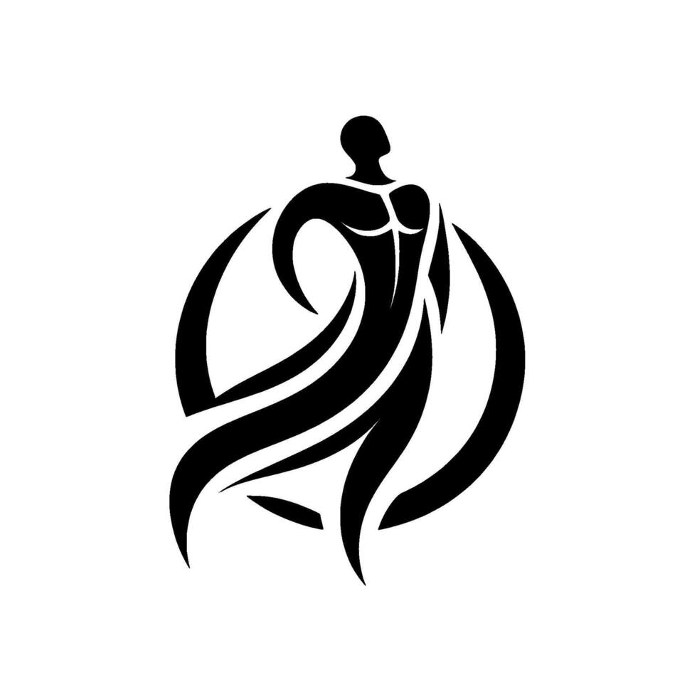 Stylized Black Silhouette of a Dancer in Flowing Gown Enclosed in a SemiCircular Abstract Frame on White Background. vector