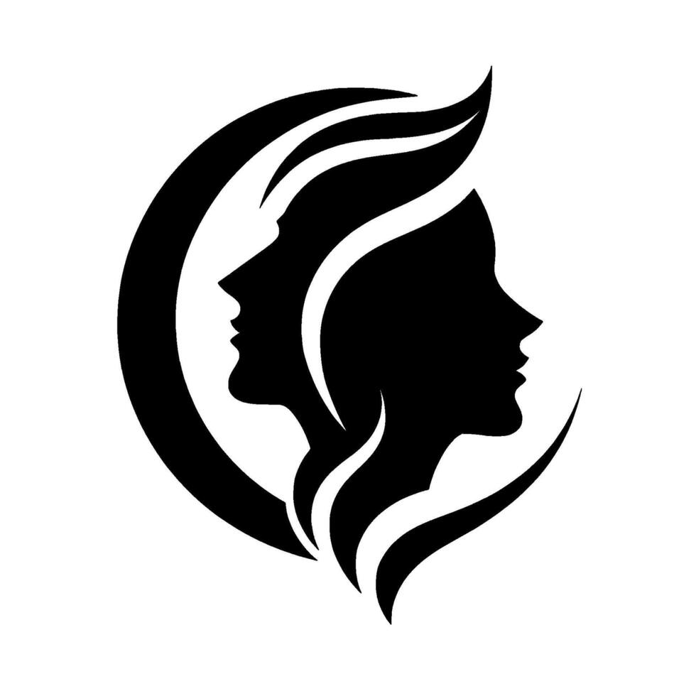 Stylized Silhouette of Two Graceful Female Profiles in Black, Embraced by a Crescent, Evoking Harmony and Elegance. vector
