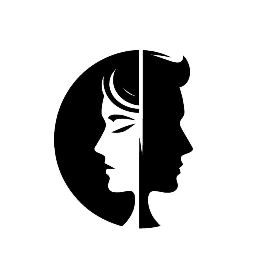 A stark, minimalist contrasting a womans delicate profile with a mans bold silhouette, split vertically, symbolizing duality and connection. vector