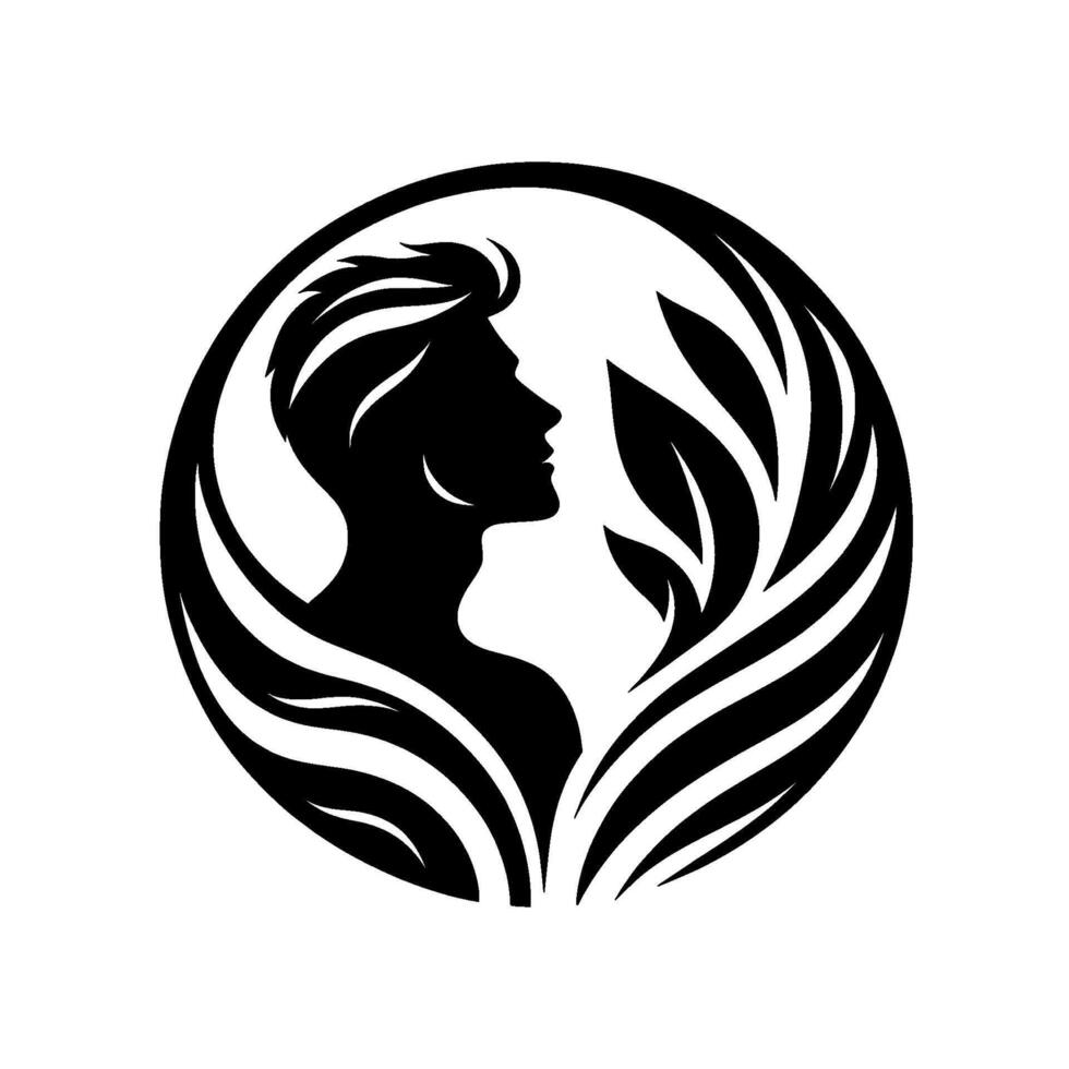 Elegant black silhouette of a profile of a person within a circle, adorned with stylized leaves, conveying serenity. vector