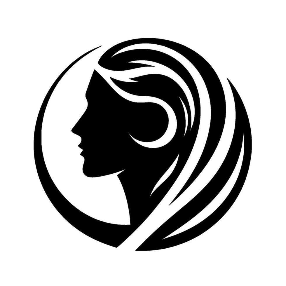 Silhouette of a womans profile with long flowing hair, encompassed in a circular frame, rendered in highcontrast black and white. vector