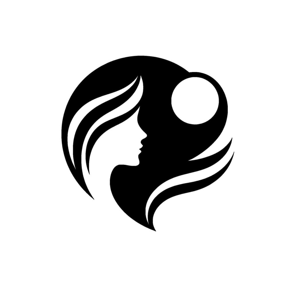 Silhouette of a Woman with flowing hair, Moon, in a circular , in black and white, minimalist. vector