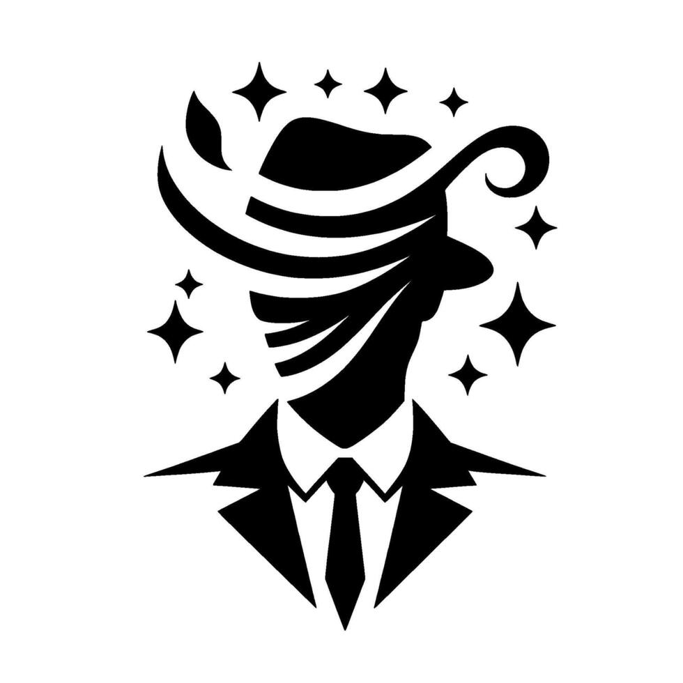 Silhouette of a stylish figure in a suit and fedora hat, surrounded by sparkling stars, creating a mysterious and magical aura. vector
