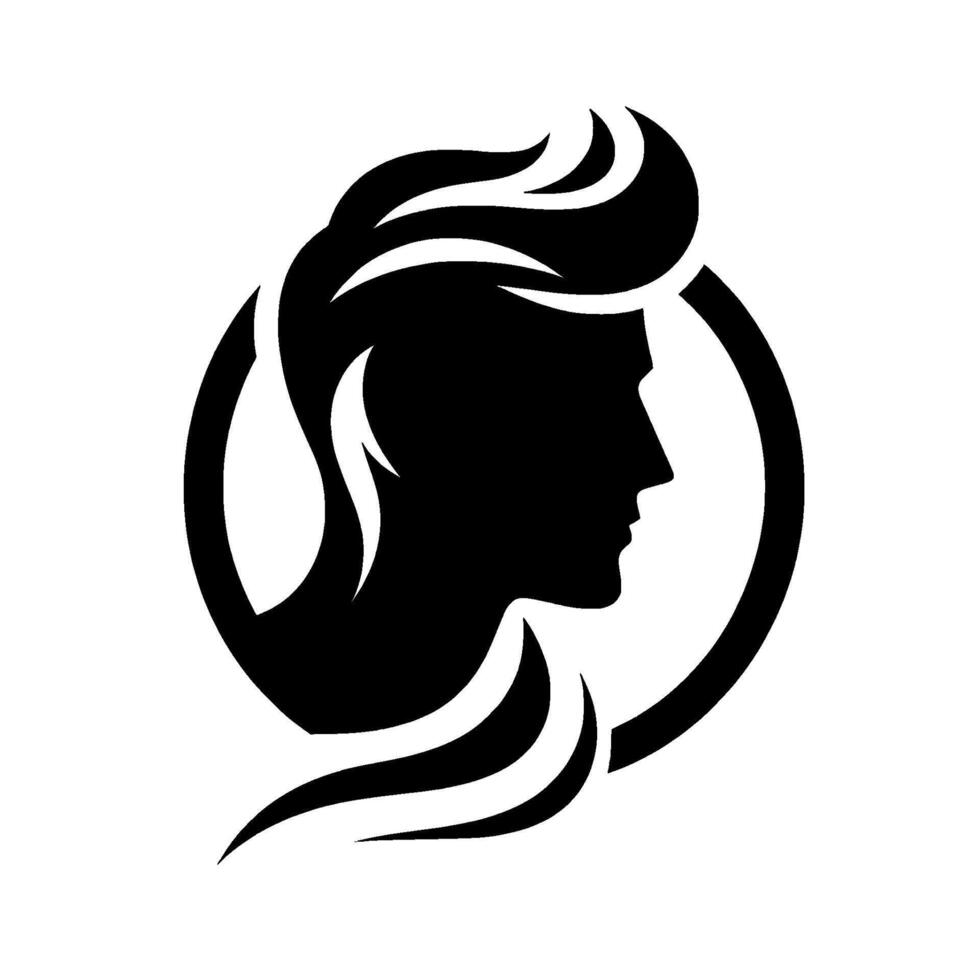 Silhouette of a Persons Profile Inside a Circle, Featuring Bold Hair and Flowing Lines, Against a Clean White Background. vector