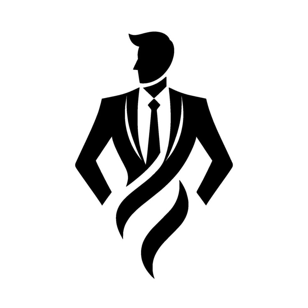 Formal Black Silhouette of a Man in a Suit, Tie, and Abstract Flowing Lines Symbolizing Ambition and Confidence Against a White Background. vector