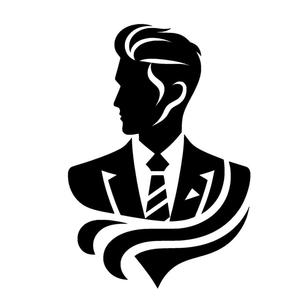 Elegant Silhouette of a Stylish Man in a Suit and Tie, Featuring Artistic Hair, Clean Lines, and Minimalist vector