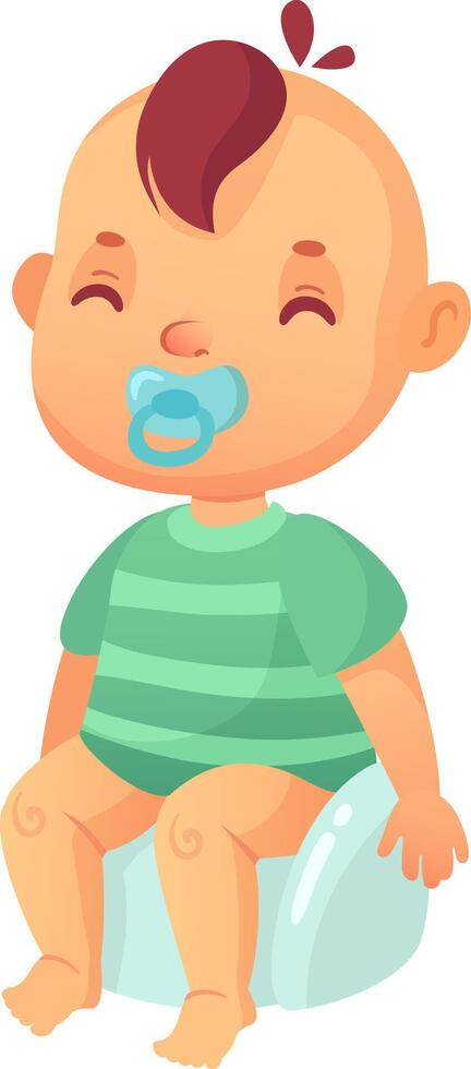 Cute baby wearing striped t shirt sitting on potty training using pacifier, learning to use potty, infant care and hygiene, illustration isolated on white background vector