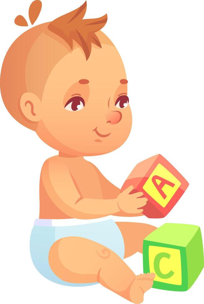 Adorable baby in diaper sitting and playing with colorful alphabet blocks, promoting early childhood education and development through play vector