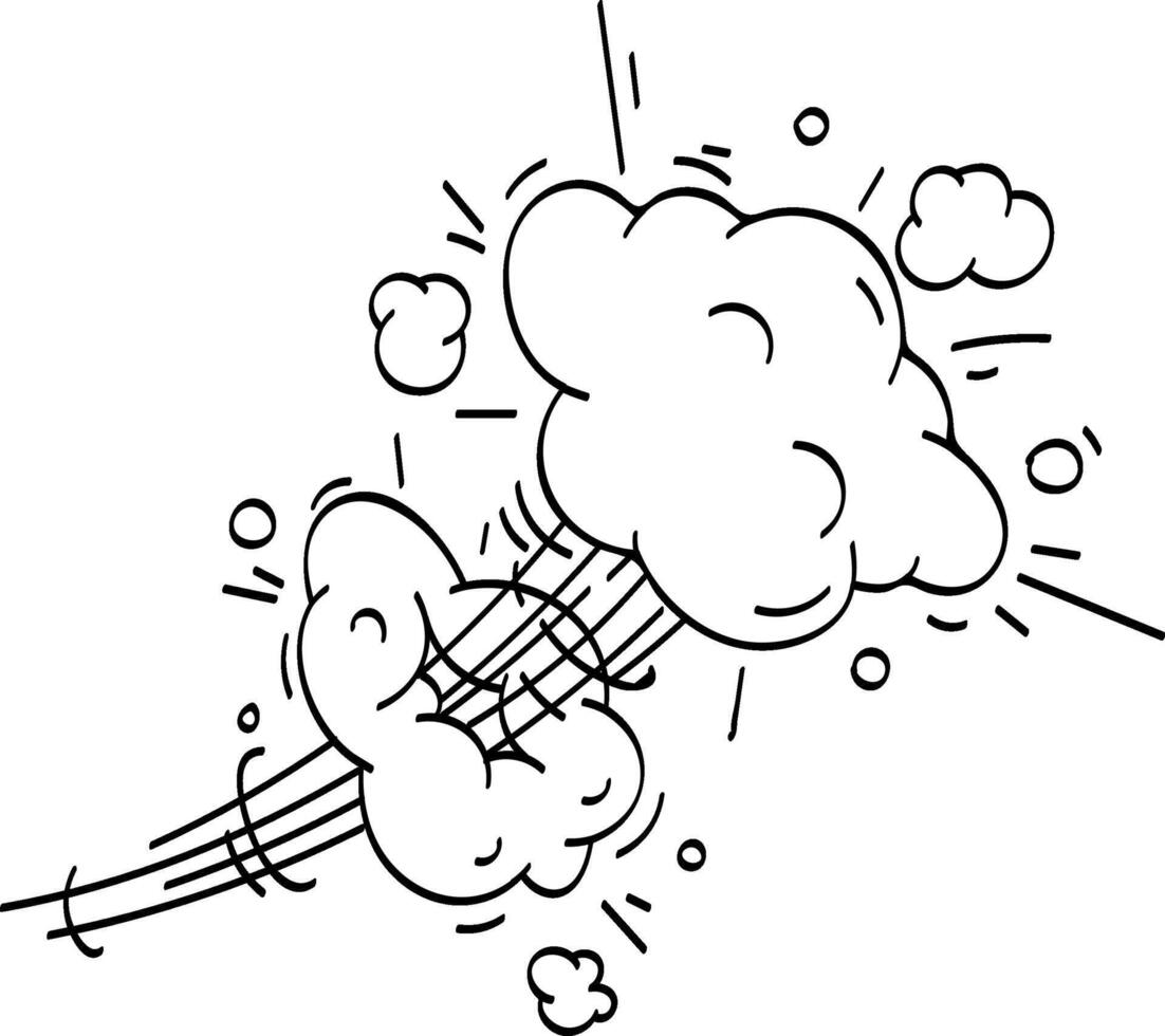 Hand drawn illustration of a comic explosion cloud with speed lines and smoke puff effect emerging from the left, isolated on a white background vector