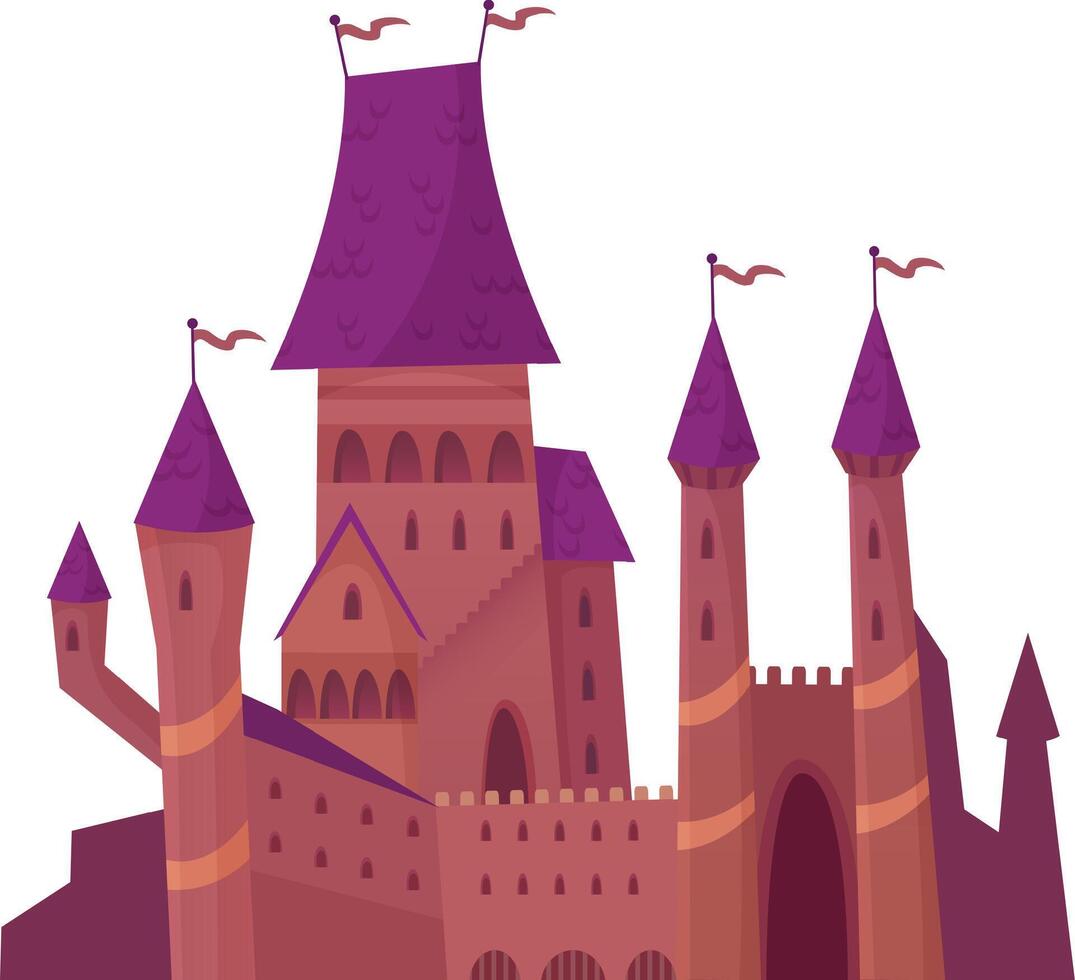 Majestic fairytale castle with purple roof and flags waving in the wind, showcasing towers, arches, and fortified walls, evoking a sense of wonder and enchantment vector