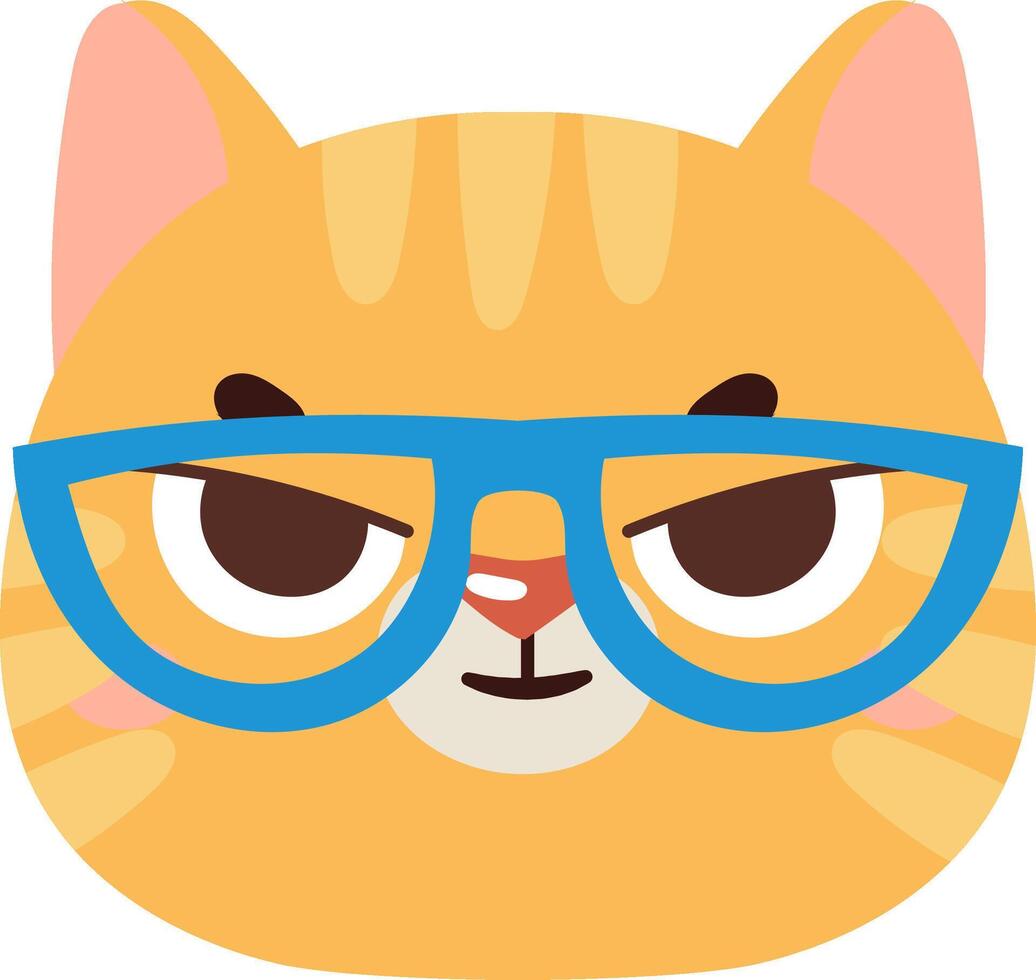 Close up of a grumpy ginger cat wearing blue glasses, showing a skeptical expression, perfect for projects related to pets, humor, and animal expressions vector