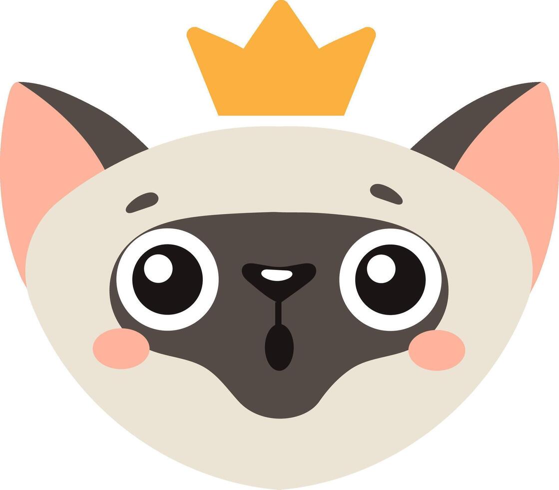 Siamese cat wearing a golden crown, displaying a surprised expression with big eyes and an open mouth, perfect for children's book illustrations or sweet designs vector