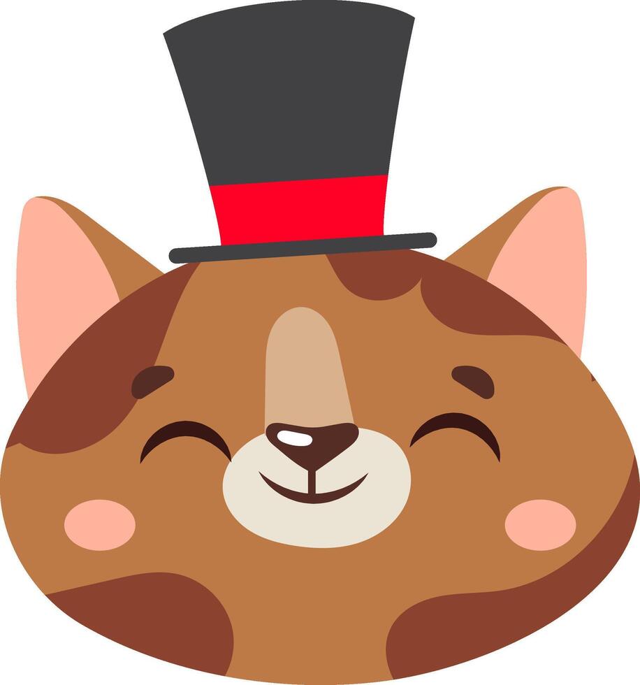 Close up illustration featuring a cute, smiling brown cat donning a magician's top hat, creating a whimsical and playful atmosphere filled with charm and joy vector