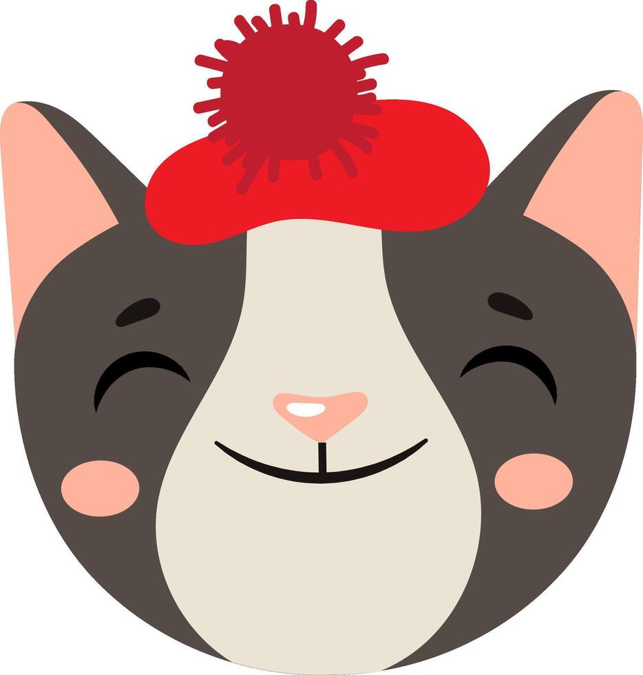 Charming illustration featuring a cute cat wearing a red beret adorned with a fluffy pompom, smiling and winking playfully, radiating joy and friendliness in a delightful design vector