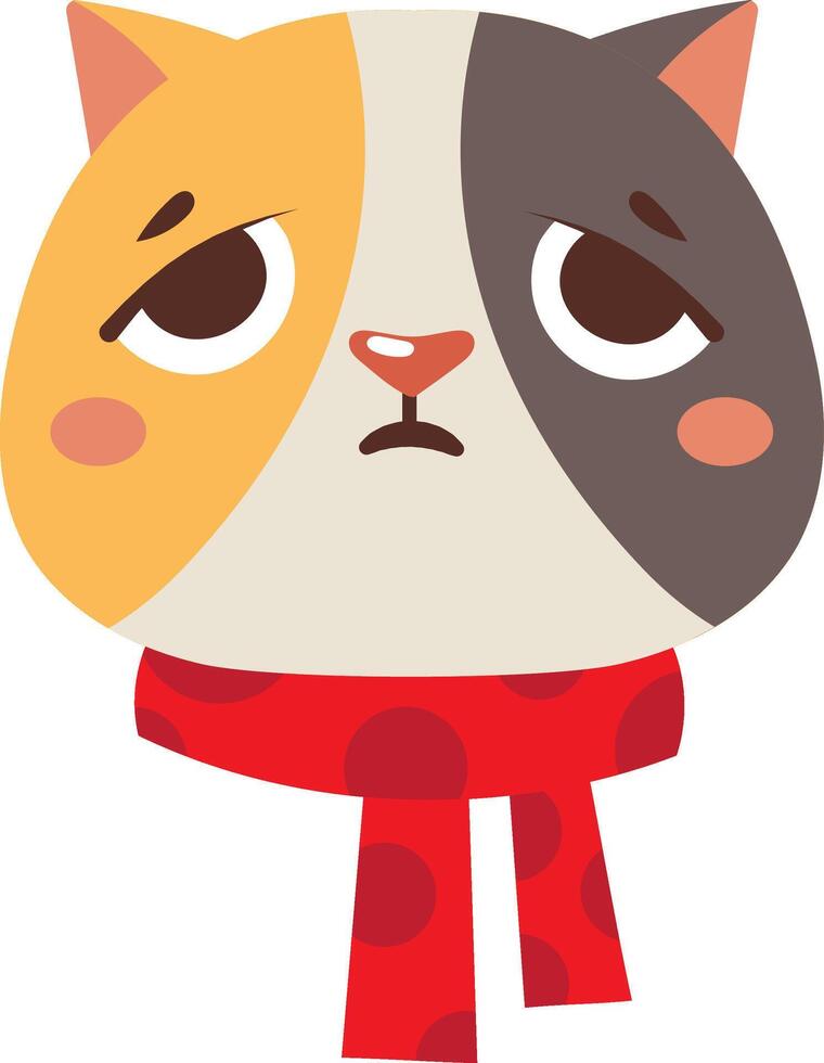 Cartoon illustration featuring a sad cat wearing a red polka dot scarf, gazing downwards with a melancholic expression, set against a clean white background vector