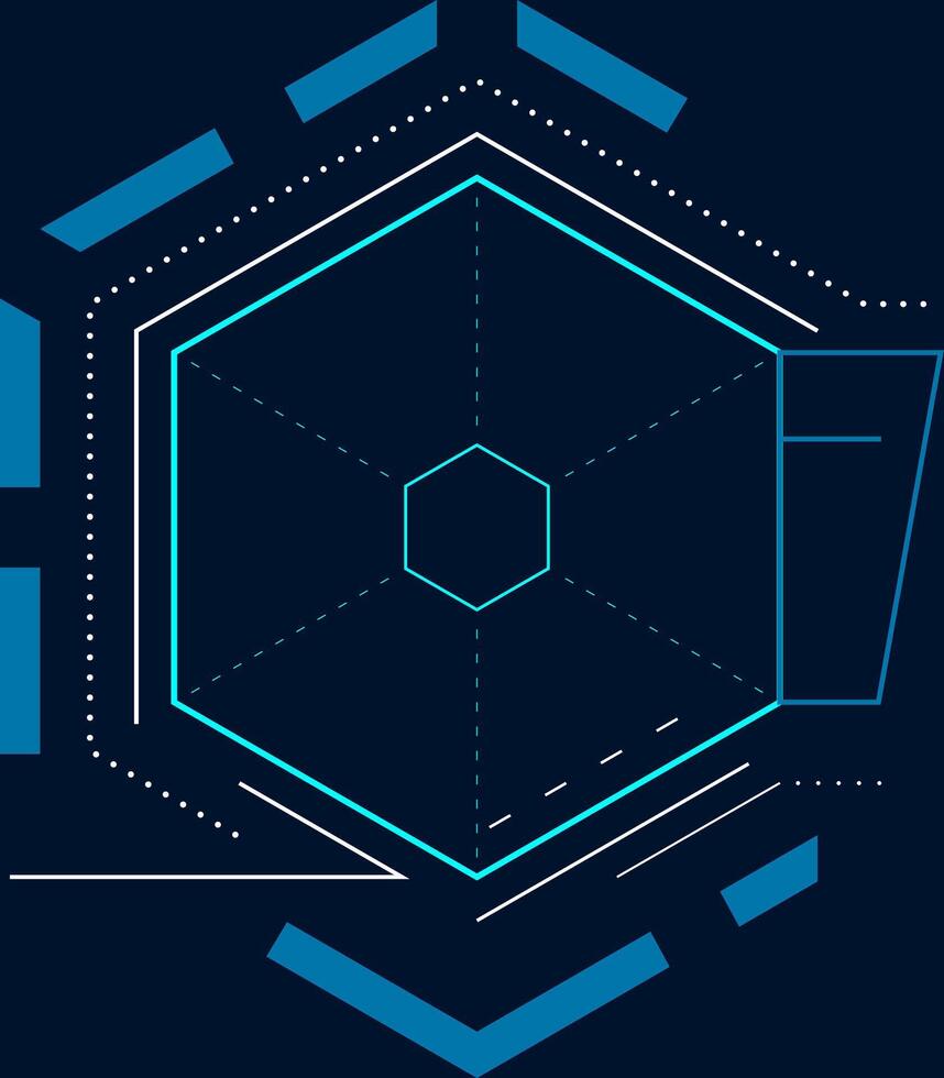 Complex geometric composition featuring a glowing hexagon at the center, surrounded by dotted lines and shapes in contrasting colors, embodying futuristic technology and design vector