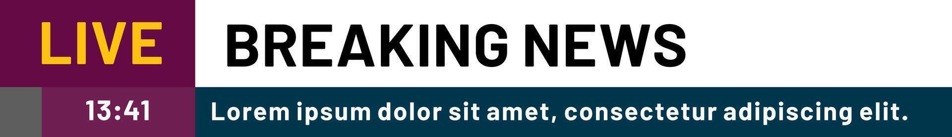Live breaking news banner featuring a clock displaying the most recent updates, incorporating placeholder text for additional information and urgent notifications vector