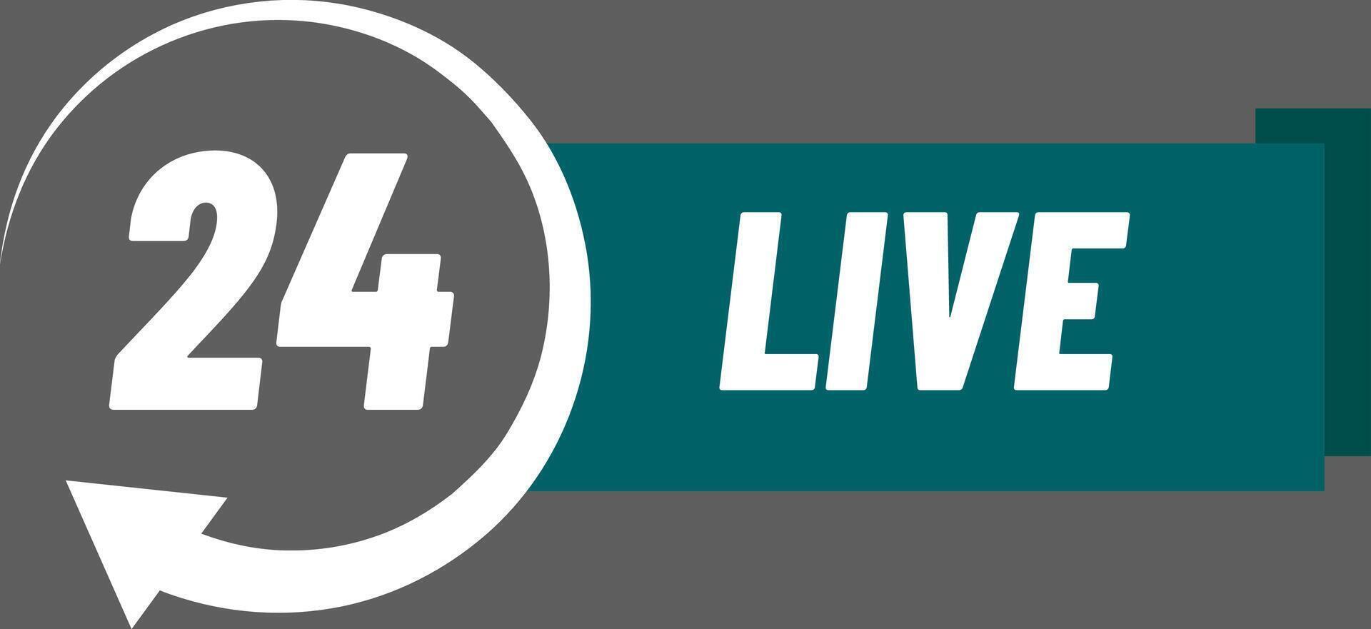 Non stop live streaming is represented by the number 24 inside a rotating arrow and the word live on a green horizontal banner over a gray background vector