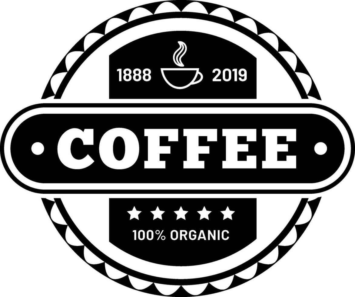 Vintage logo celebrating a rich heritage of organic coffee, marking a legacy from 1888 to 2019, highlighted by a steaming cup and five star quality vector