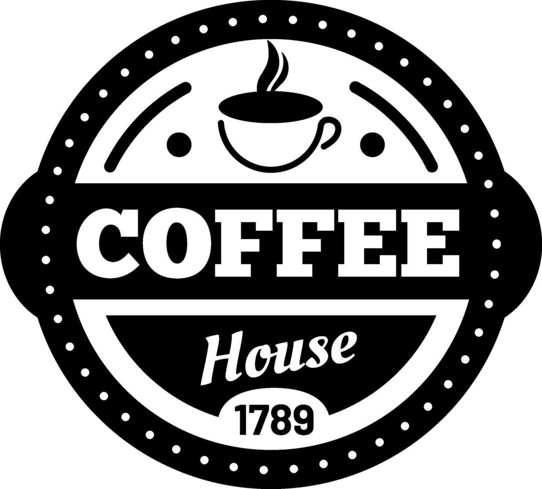 Circular logo for a coffee house established in 1789, featuring a steaming cup of coffee in the center, with bold text COFFEE and House below, enclosed within a dotted circular frame vector